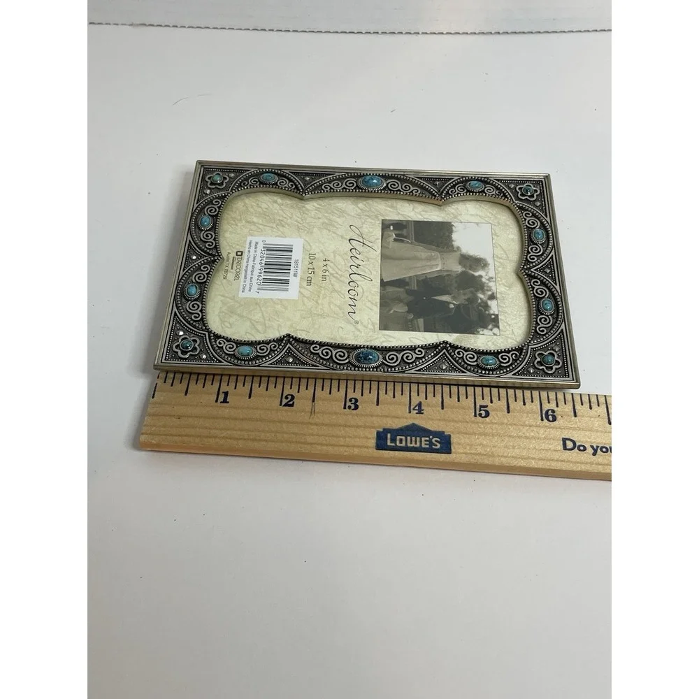 Picture Frame Heirloom by Decorel 4x6 Frame Silvertone w/Turquoise Like Beads